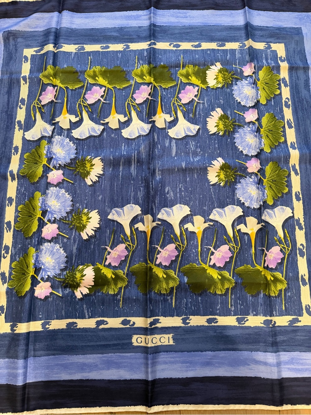 Authentic Vintage Gucci Blue & Purple Botanical Silk Scarf (Carré 90)